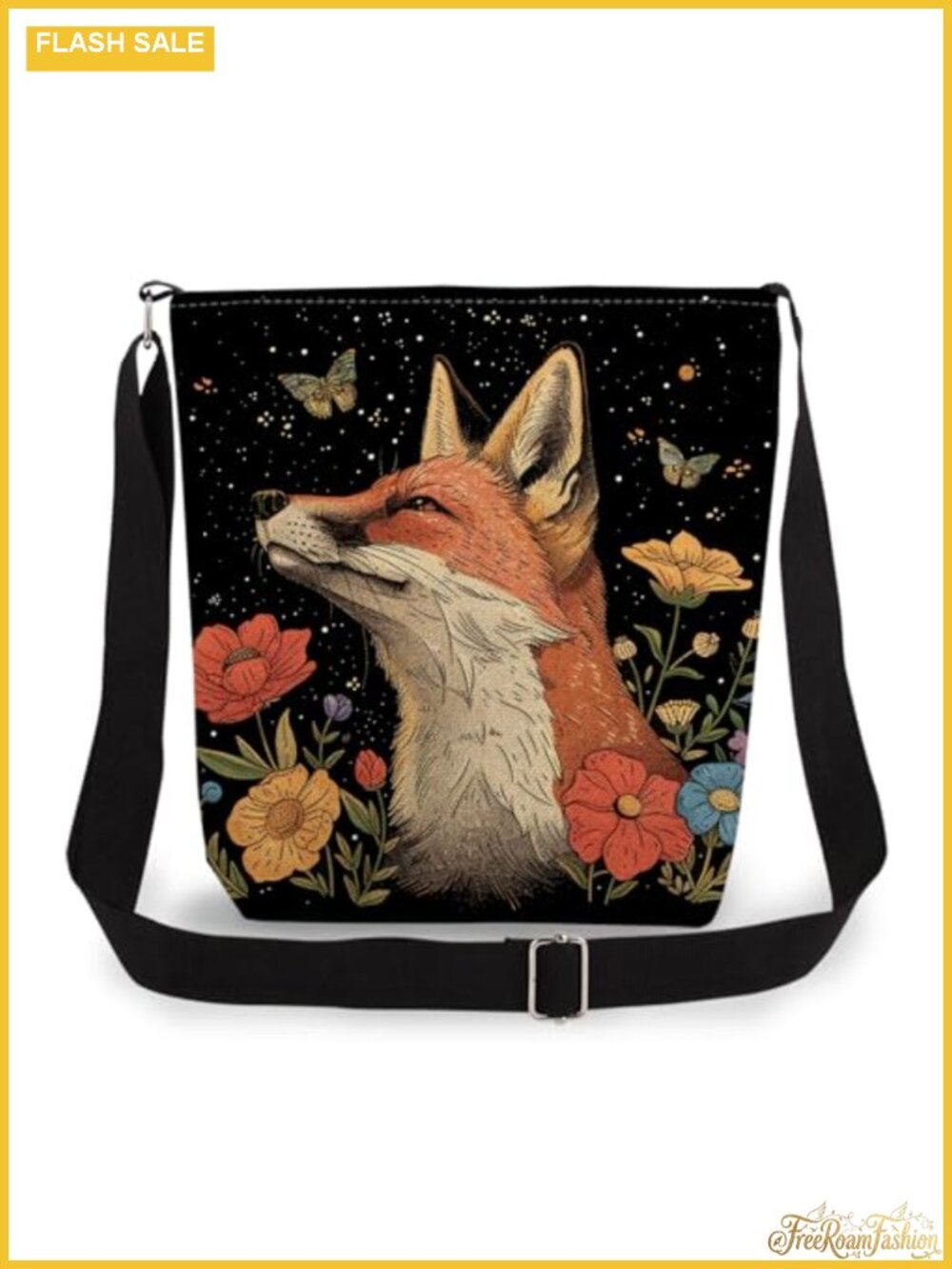 Floral Fox Crossbody Bag Messenger Purse Canvas Polyester Adjustable Strap